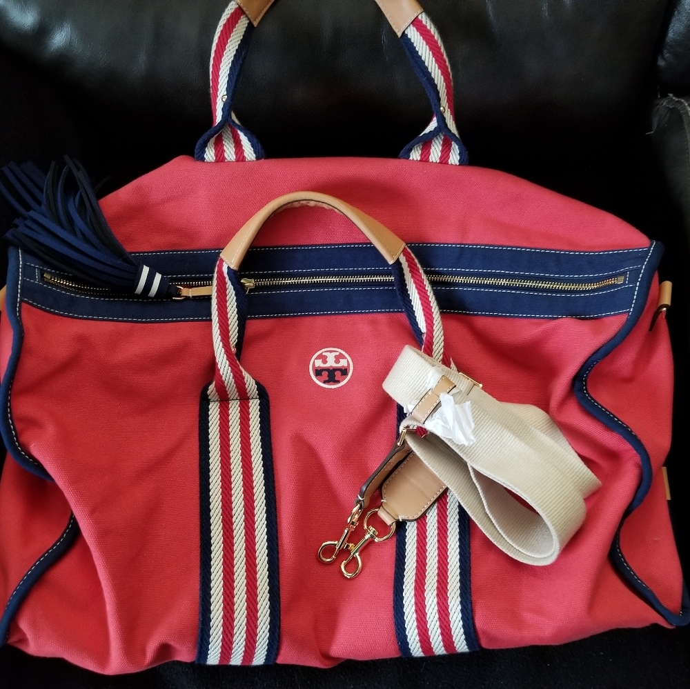 Tory Burch Red Canvas Travel Bag with Blue Accents